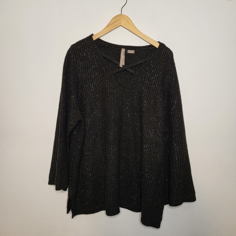 Penningtons Knitted Glitter Caged Neckline Sweater Metallic Silver Black Size 1X